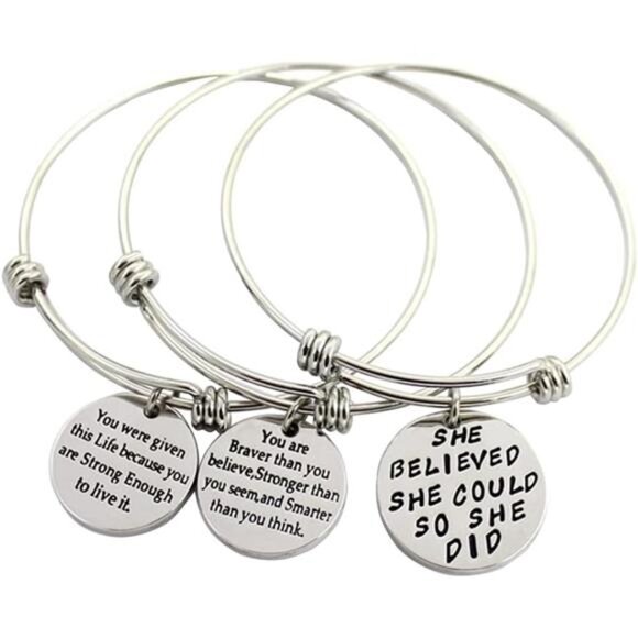 Women Inspirational Bracelet Set 3 Pack Engraved Motivational Adjustable Silver - Picture 1 of 8